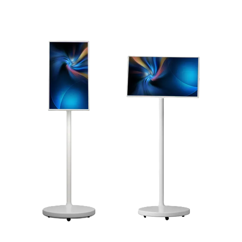 The same display shown in portrait and landscape orientation on its stand