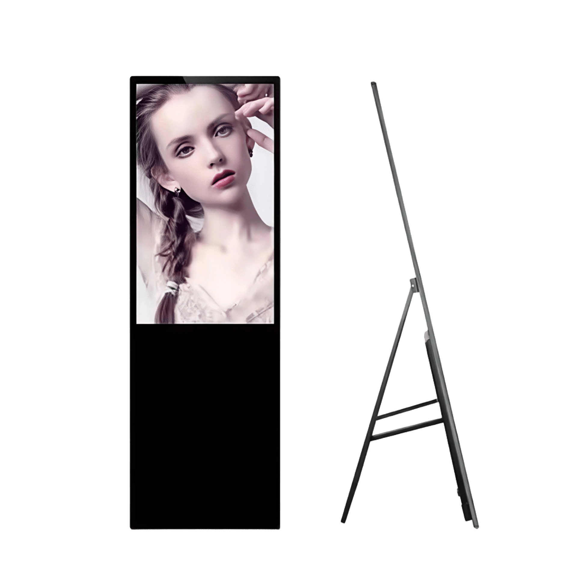 Black A-frame kiosk with portrait content, front and side view