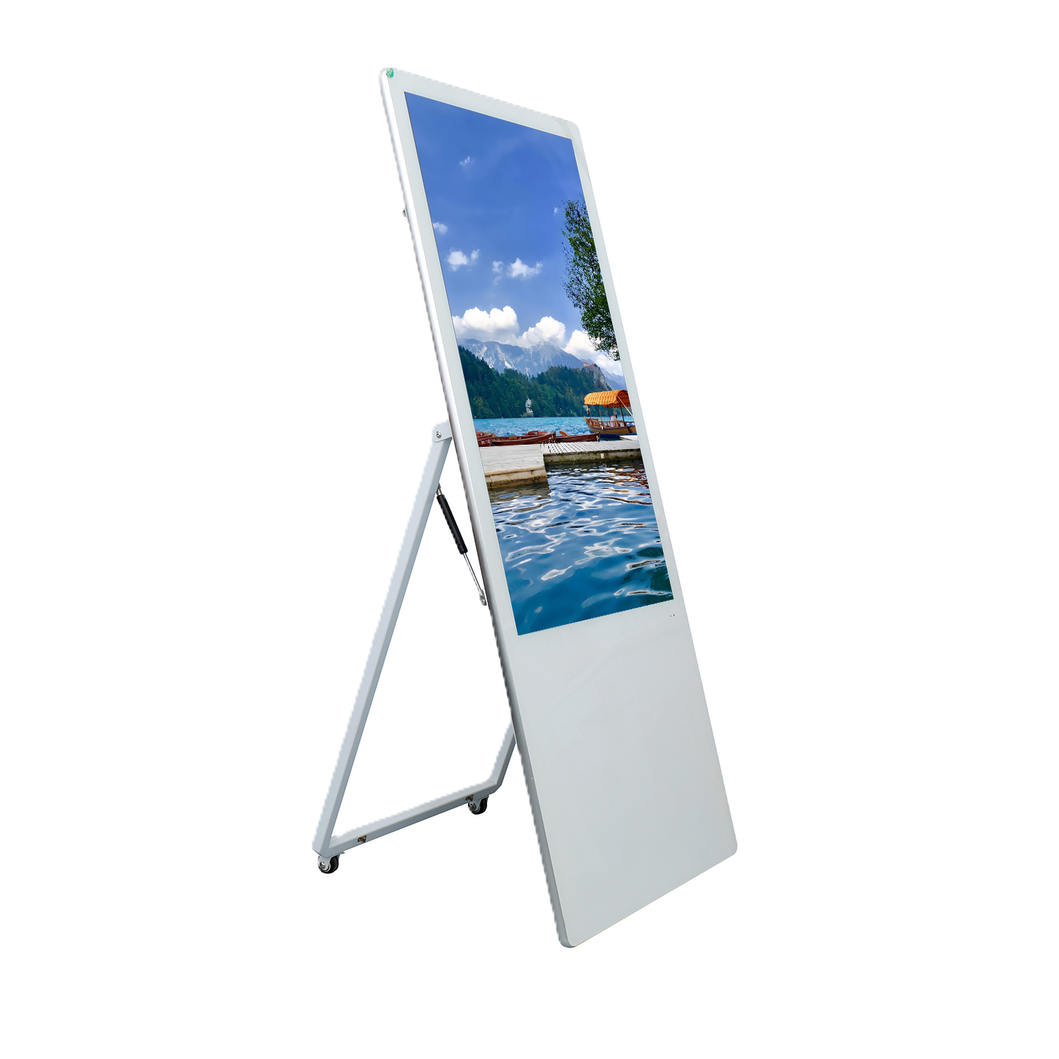 White A-frame kiosk with lake scenery content, front and side view