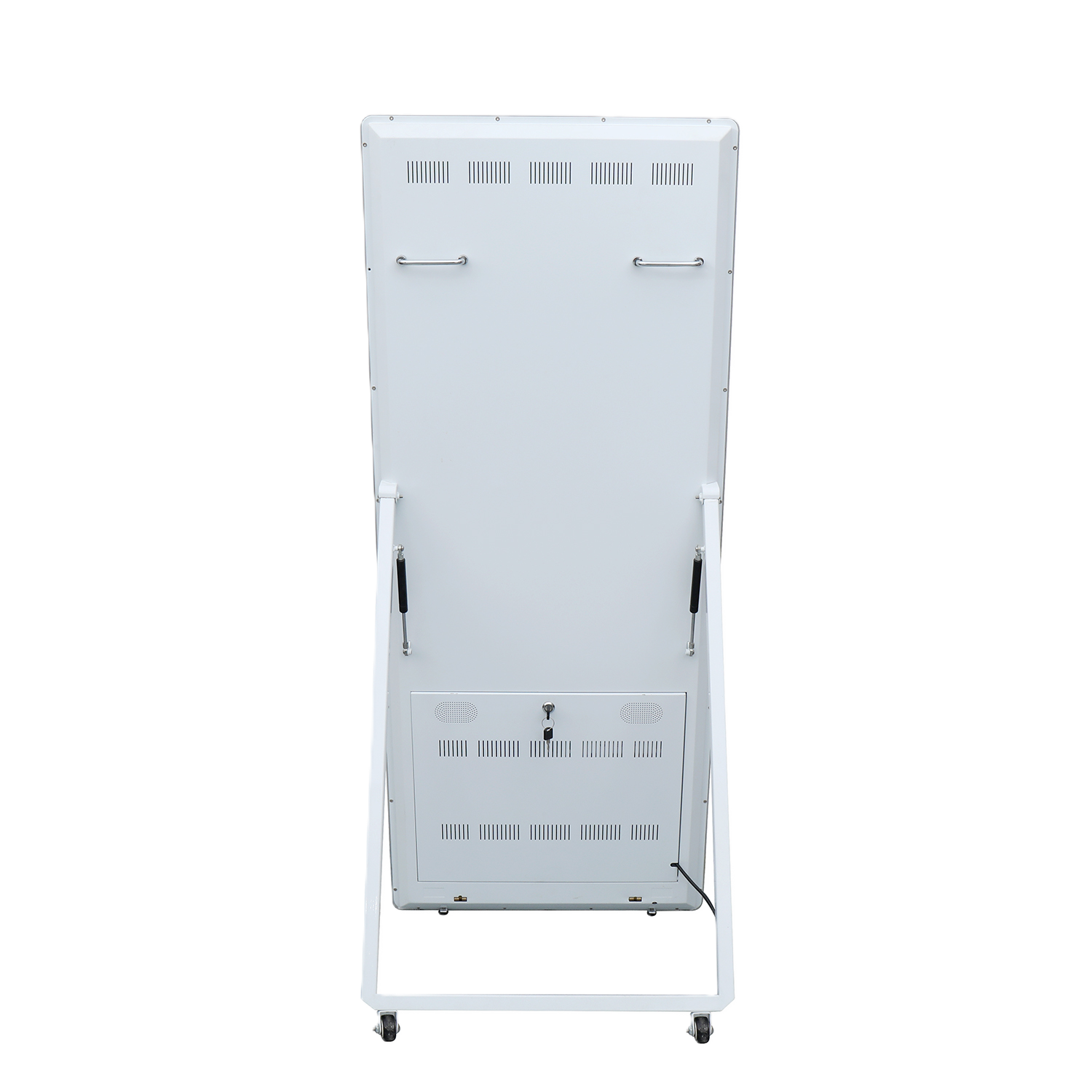 Rear view showing ventilation, lockable service door and wheeled base