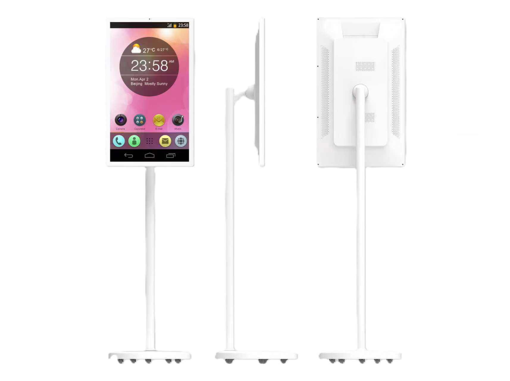 Smart touch screen home display on wheeled stand, front side and rear views