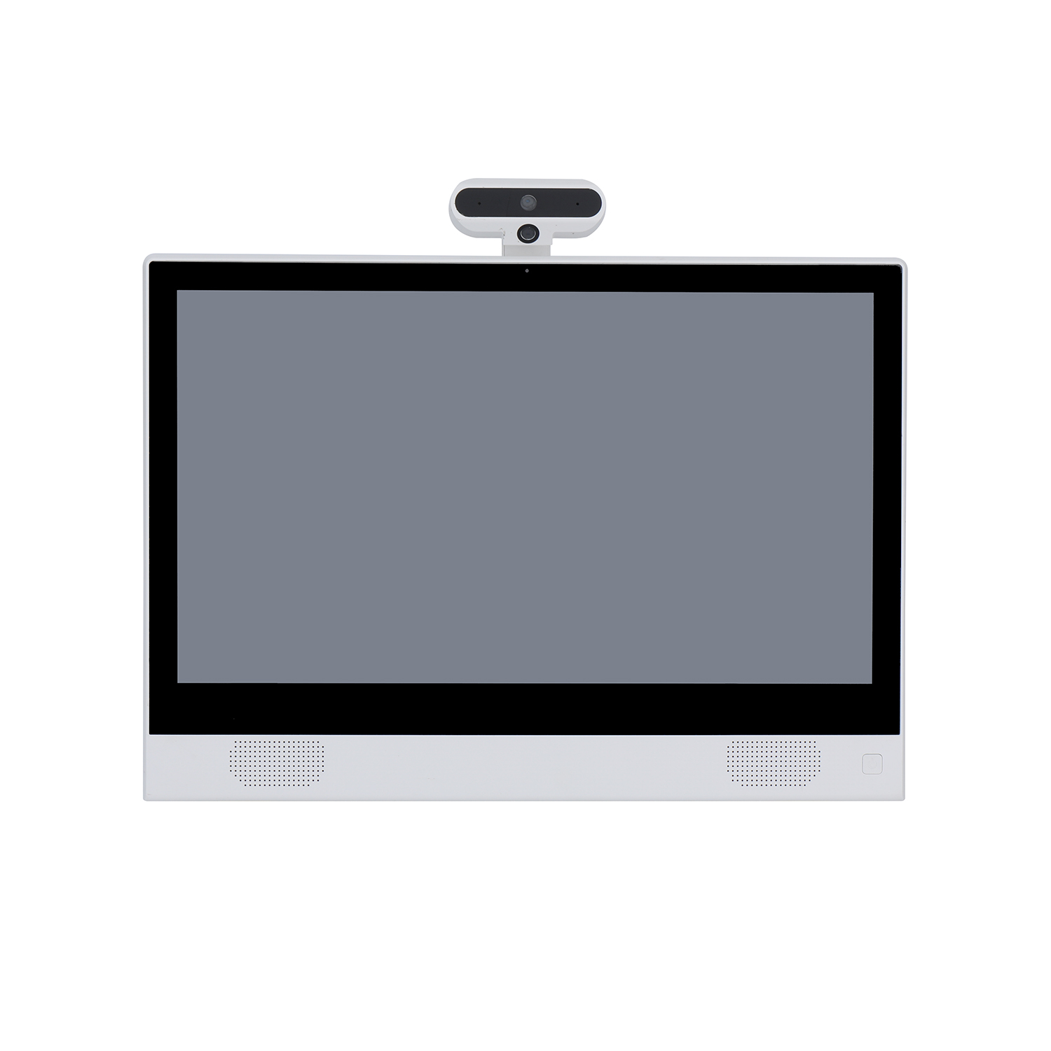 15.6 inch white Android learning monitor with dual-camera pod mounted on top and front speakers