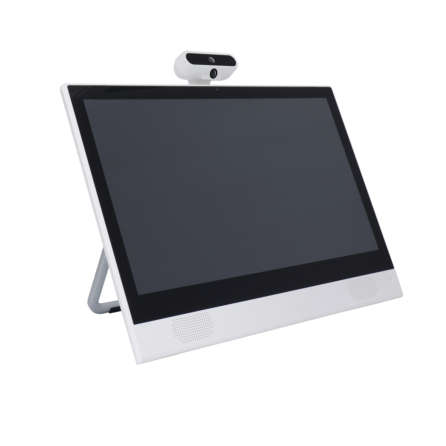Angled view of the learning monitor standing on its fold-out kickstand with top camera tilted toward the desk