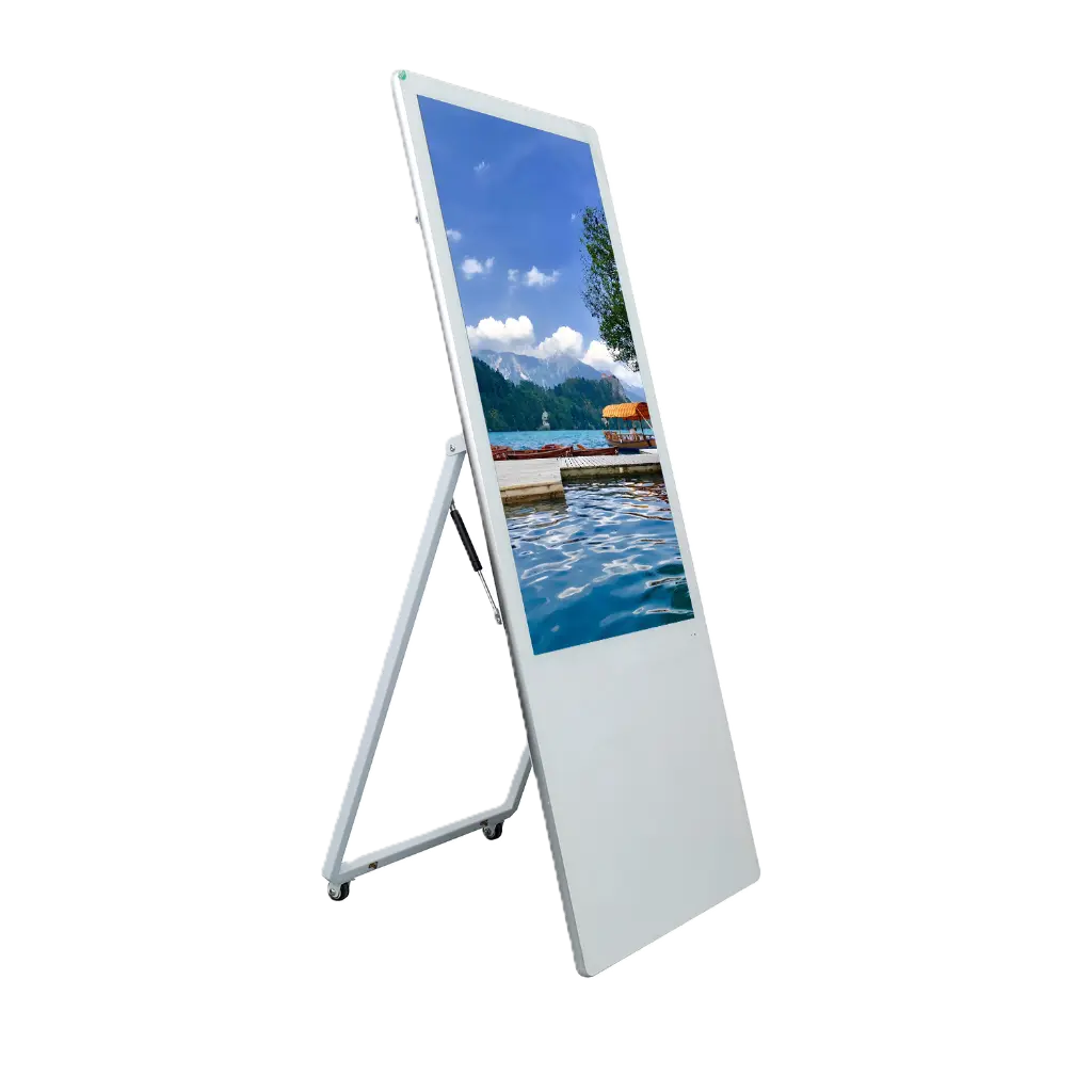 White portable A-frame kiosk with foldable stand