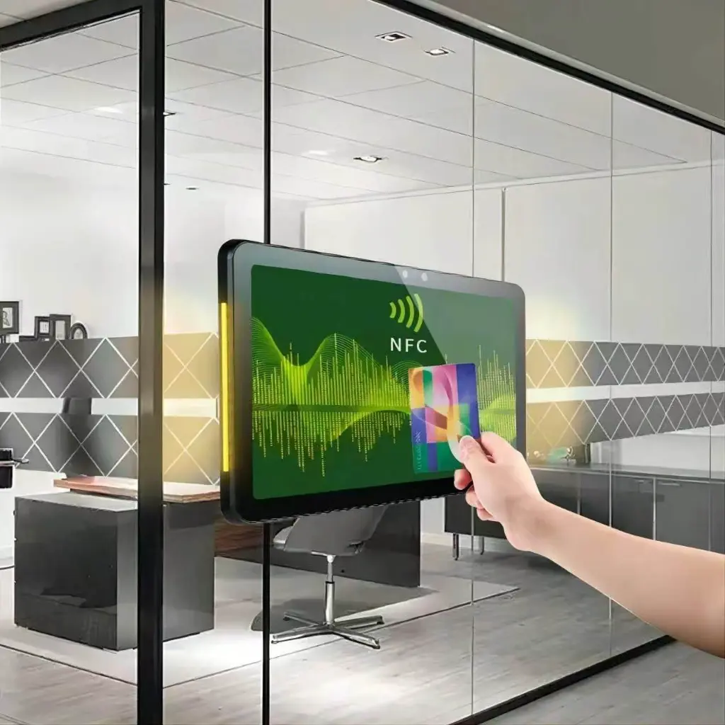 NFC badge check-in on glass partition panel.webp